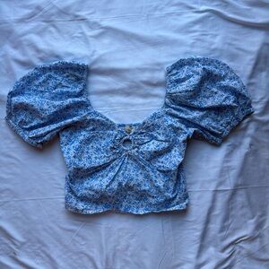 Sim & Sam | Blue Floral Puff Sleeve Crop Top Sz L